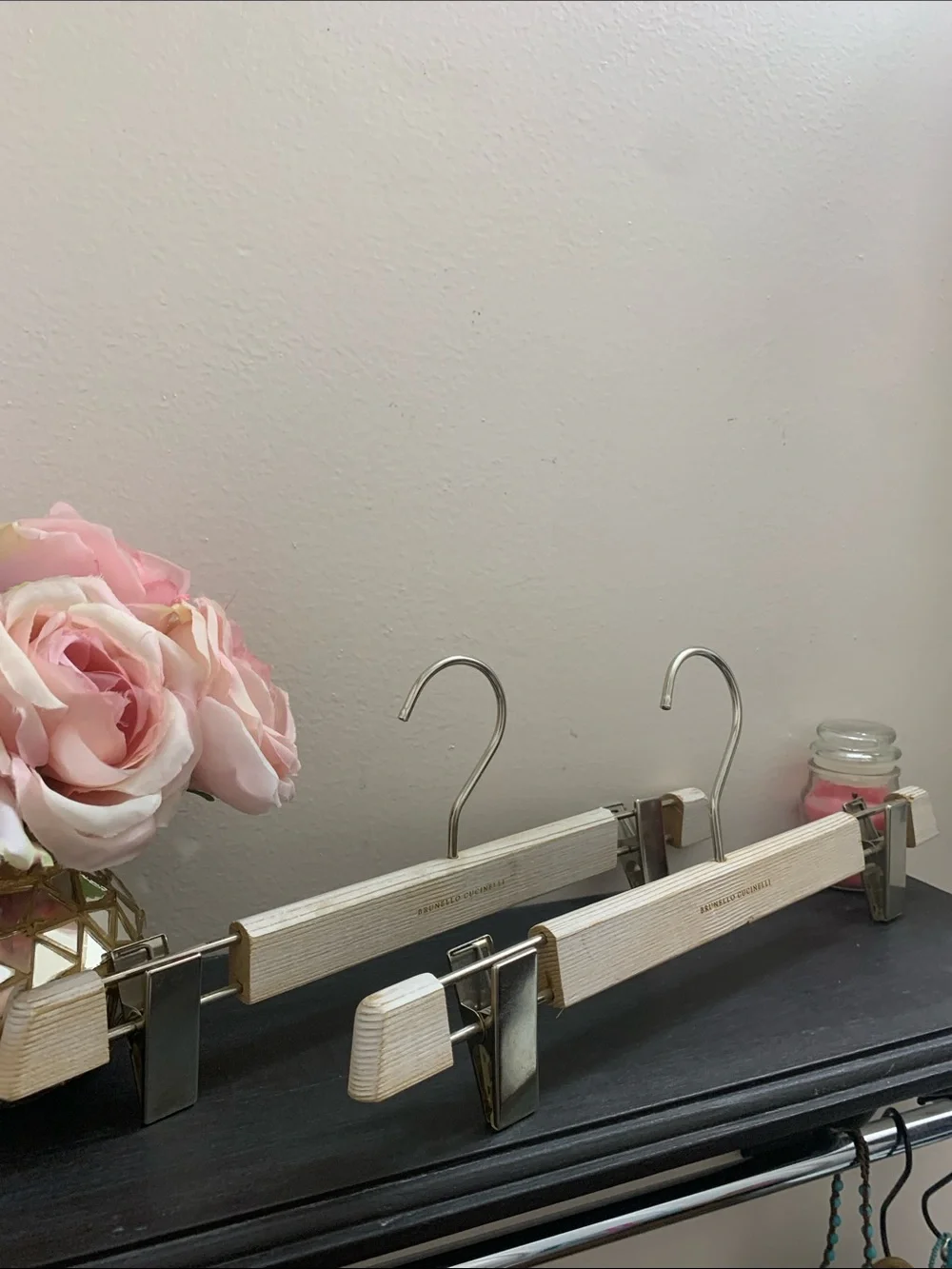 Brunello Cucinelli Natural Wood & Silver Clip Luxury Brand Hangers Set of 2